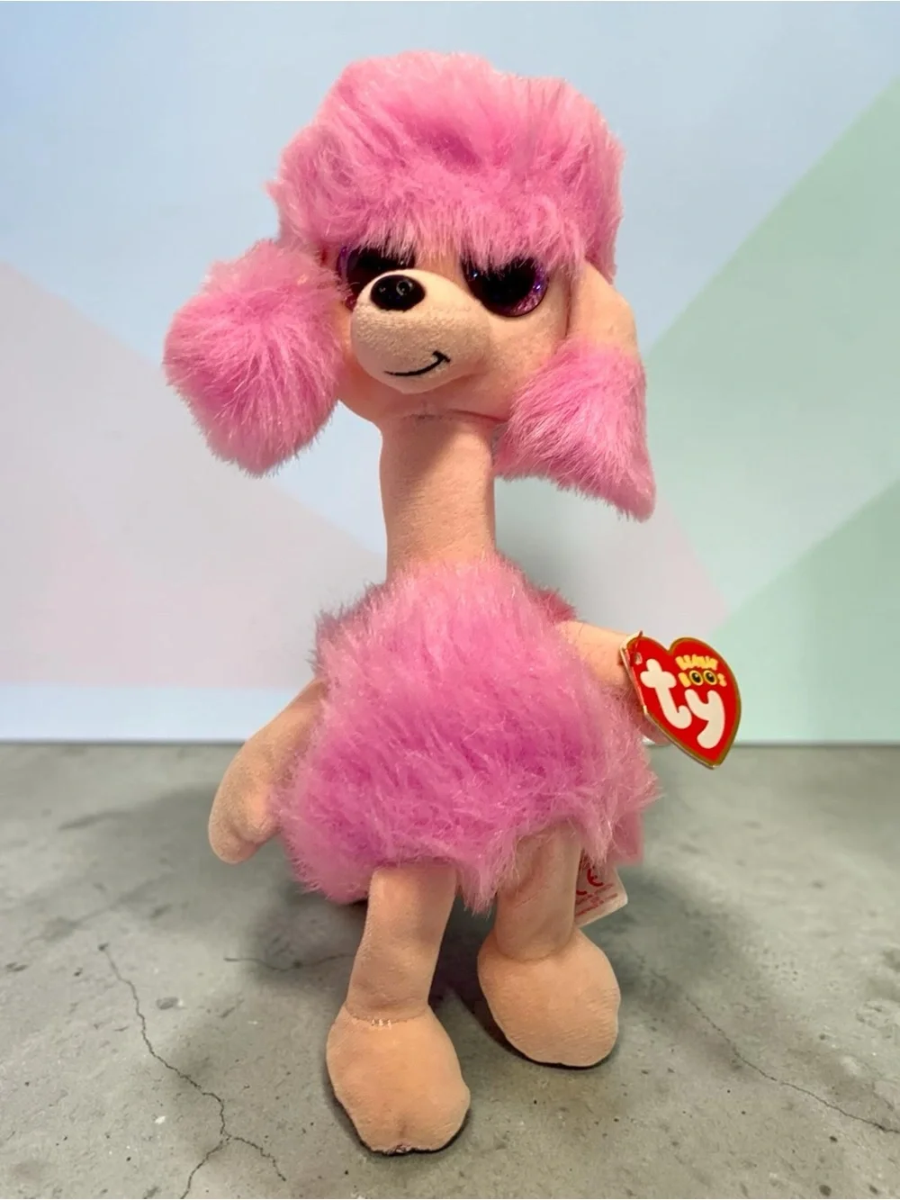 Ty Pink Plush Poodle Beanie Buddy with Fluffy Trim